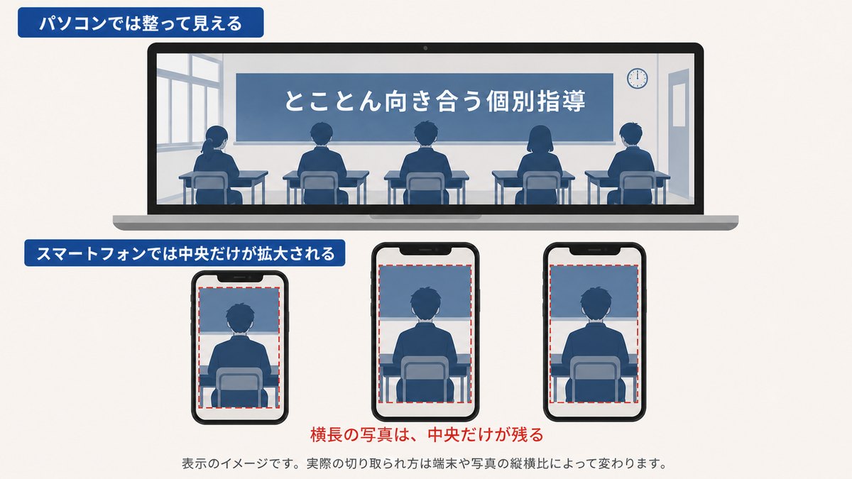 横長の写真がパソコンでは全体が見えるのに対し、スマートフォンでは中央だけが拡大されて人物が切れることを示した図