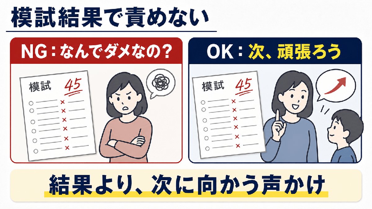解説スライド：模試結果で責めない／NG:なんでダメなの?