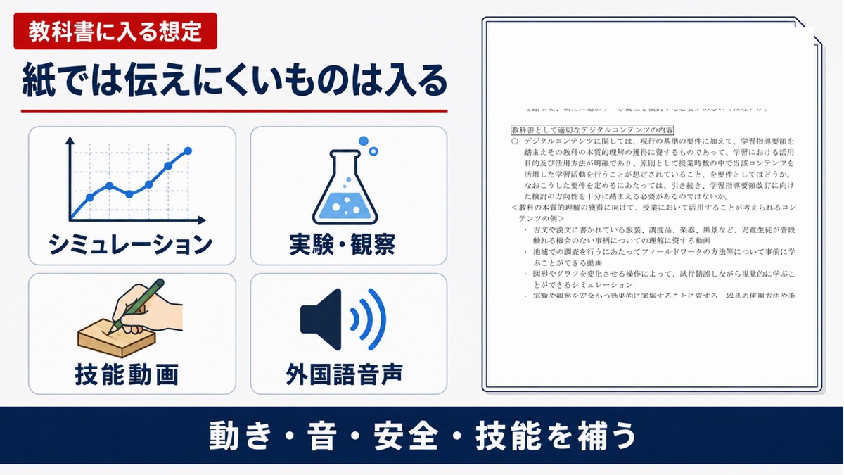 教科書に入る想定のデジタルコンテンツとして、シミュレーション、実験観察、技能動画、外国語音声を示した図