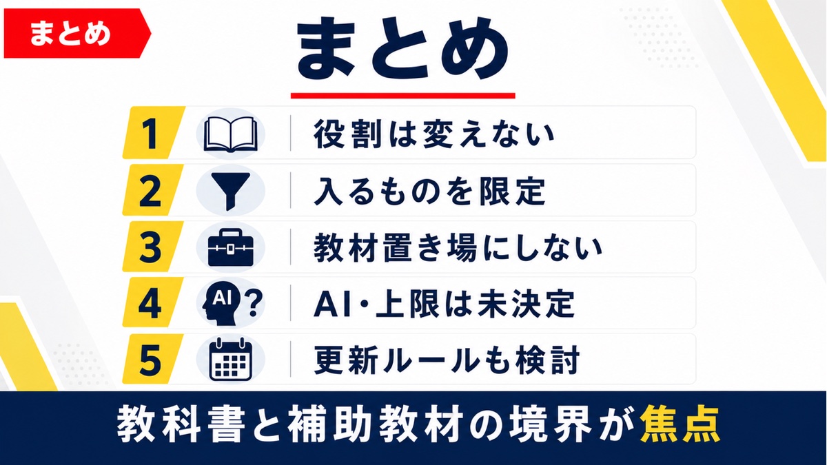 文科省のデジタル教科書検定見直し骨子案の要点を5項目で整理したまとめ図
