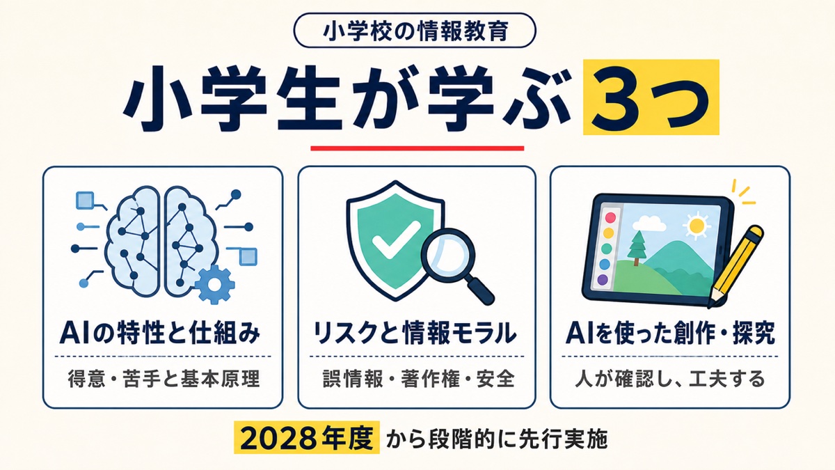 小学生が学ぶAIの特性と仕組み、リスクと情報モラル、AIを使った創作と探究の3項目