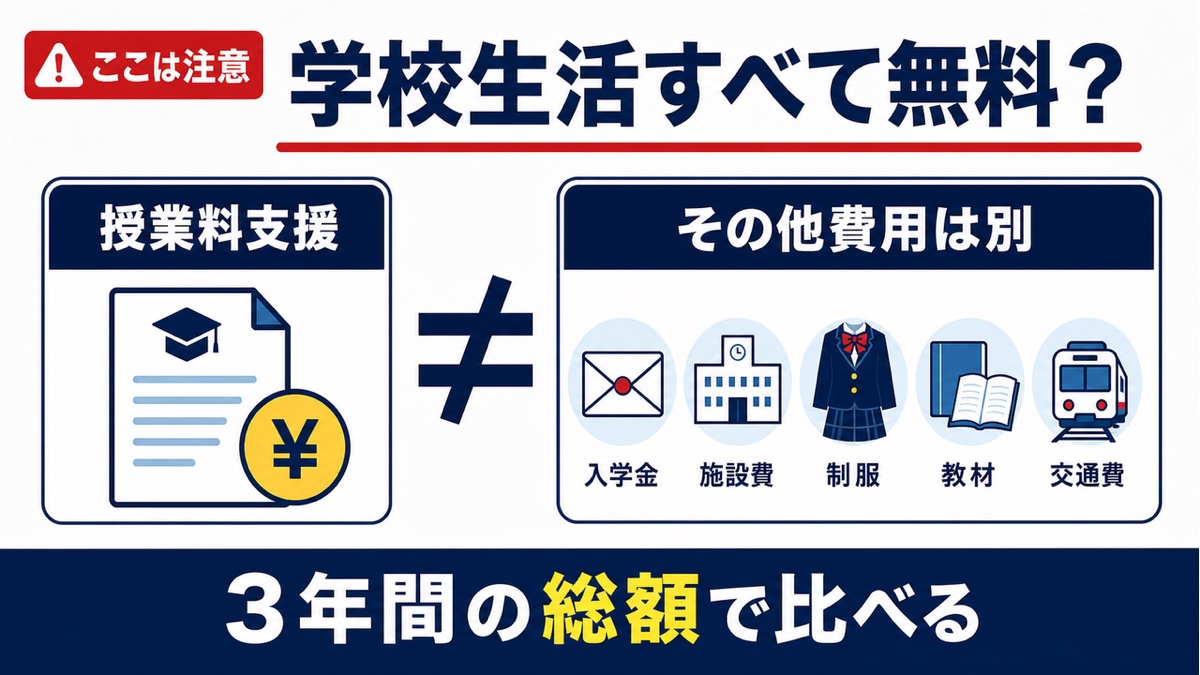 高校無償化は授業料支援であり入学金や施設費などは別と示す図