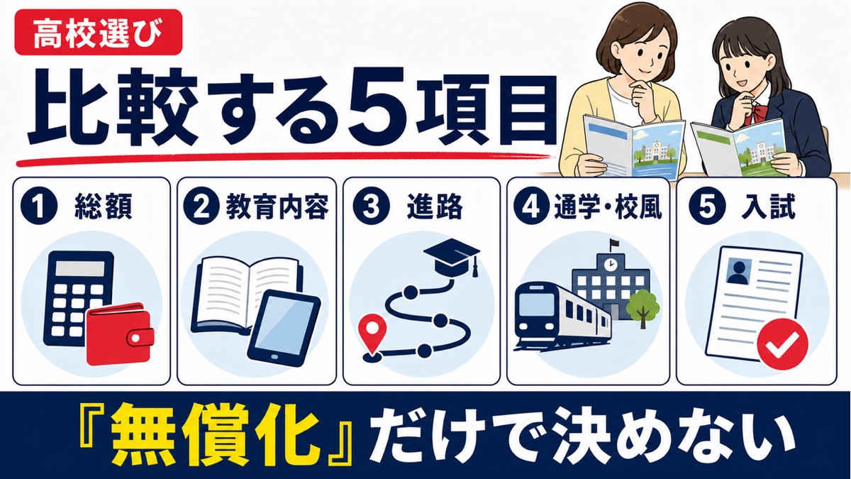 高校選びで総額、教育内容、進路、通学と校風、入試を比較する図