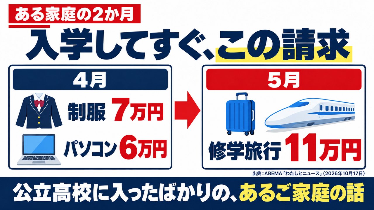 解説スライド:ある家庭の2か月。4月に制服7万円・パソコン6万円、5月に修学旅行11万円