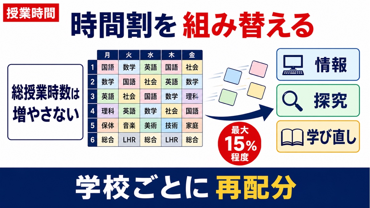 総授業時数を増やさず教科の時間を情報・探究・学び直しへ組み替える調整授業時数制度の解説図