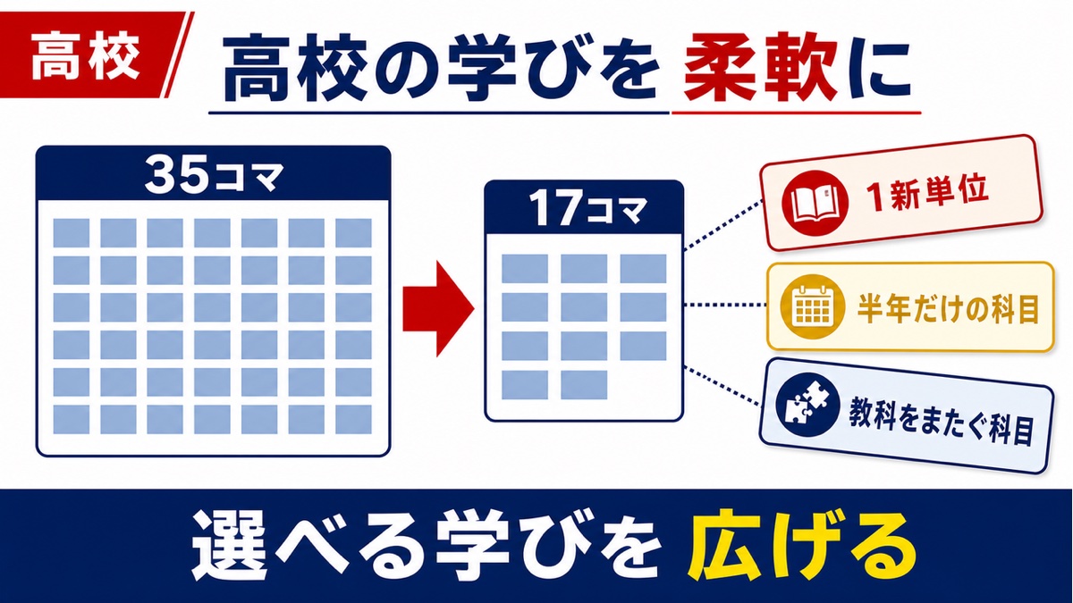 高校の単位計算を50分35回から50分17回へ細かくし半年科目や教科横断科目を置きやすくする案の解説図