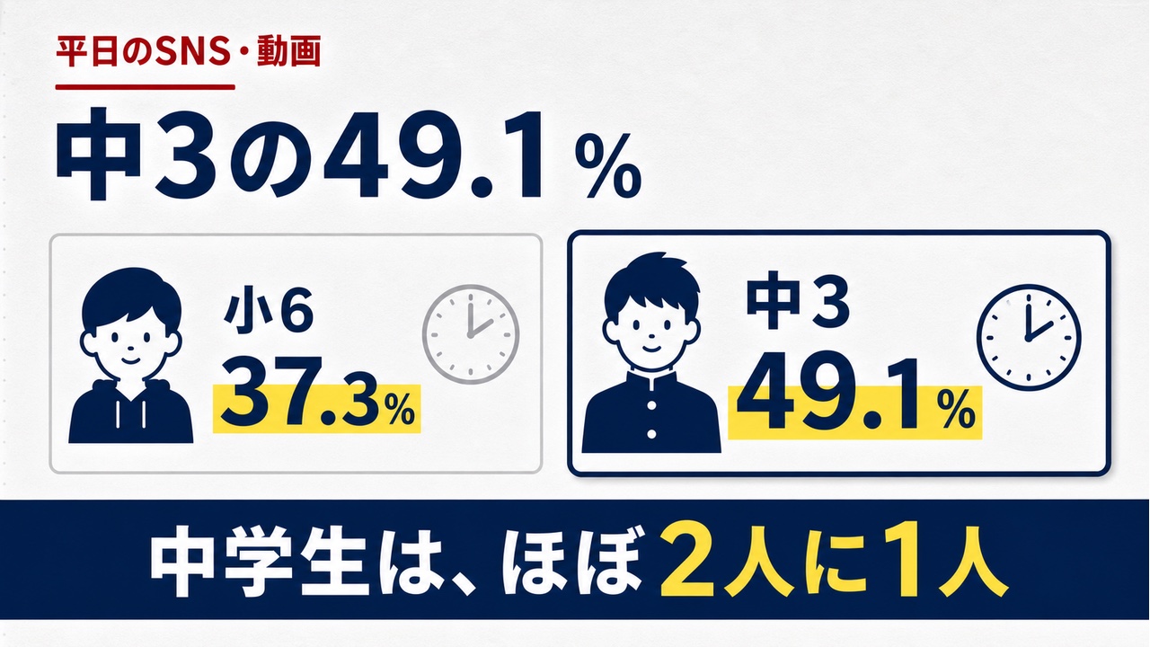 小6の37.3%、中3の49.1%が平日にSNS・動画を3時間以上利用