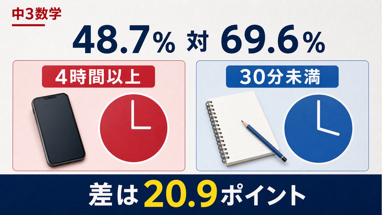 中3数学はSNS・動画4時間以上で48.7%、30分未満で69.6%