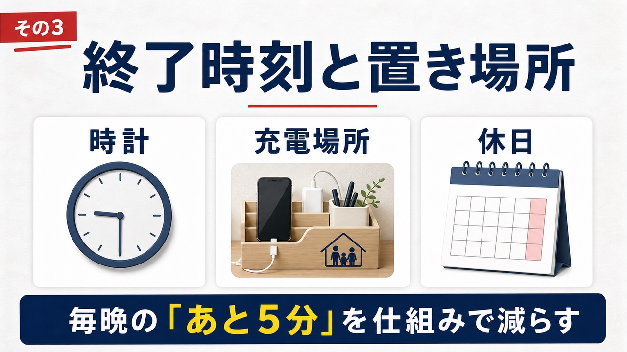 スマホの終了時刻、充電場所、休日のルールを決める