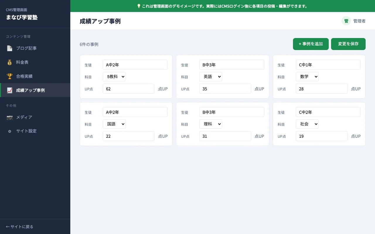成績アップ事例管理画面